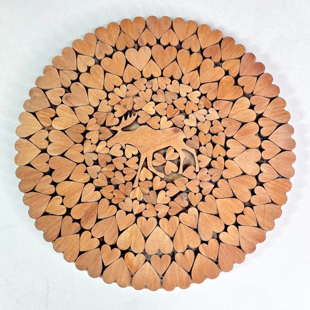 Wooden Moose & Heart Trivet Round Carved Wood Hot Plate Scandinavian Style